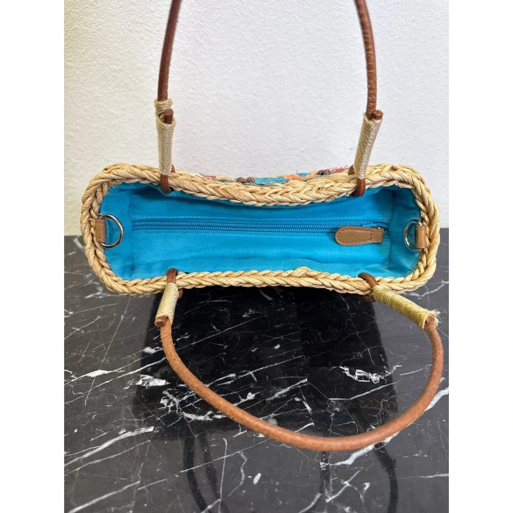Tropical Palm Tree Embroidered Woven Straw Tote Bag Blue Lining Small Basket